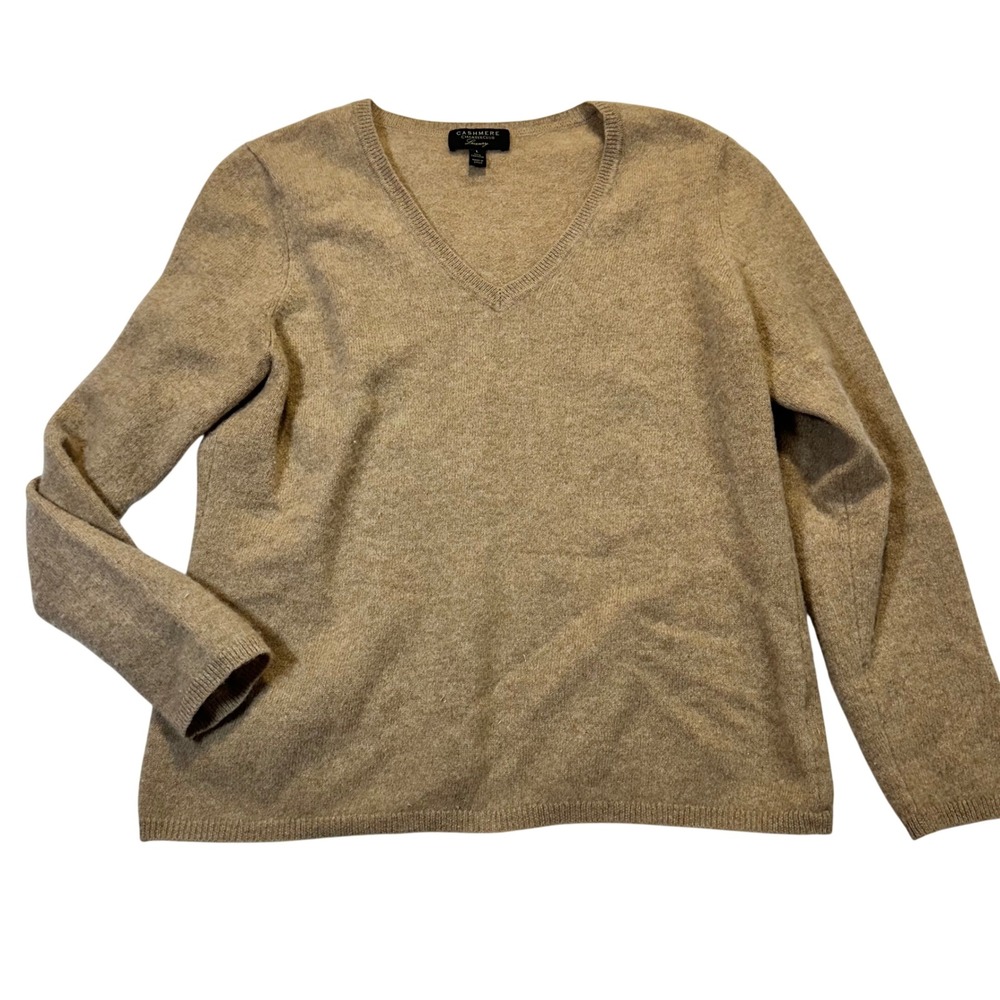 Charter Club Cashmere Sweater Women‎ Large Tan V-Neck Quiet Luxury Minimalist
